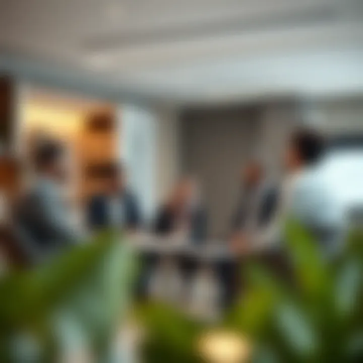 A group of investors discussing strategies in a contemporary office setting