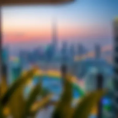 Scenic view from hotel apartment balcony overlooking Dubai skyline