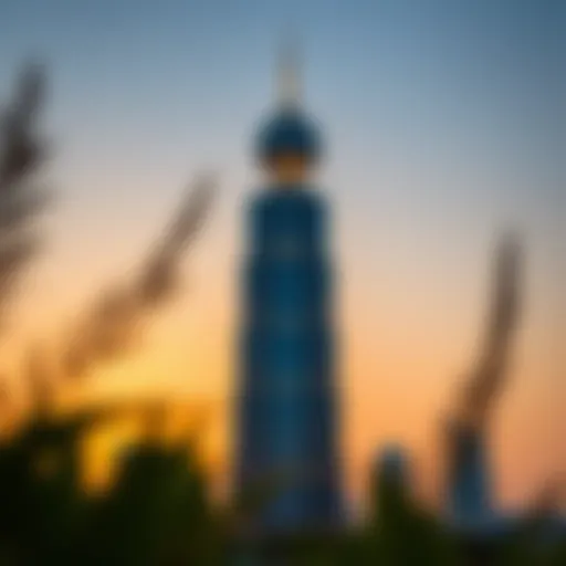 Stunning view of Al Ameer Tower against a sunset backdrop