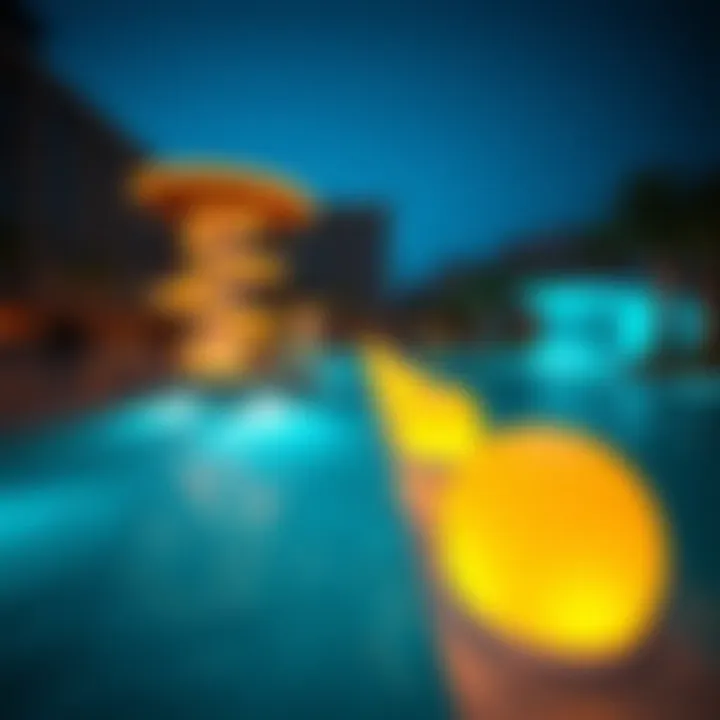 Evening ambiance at Aqua Dhabi with illuminated water features