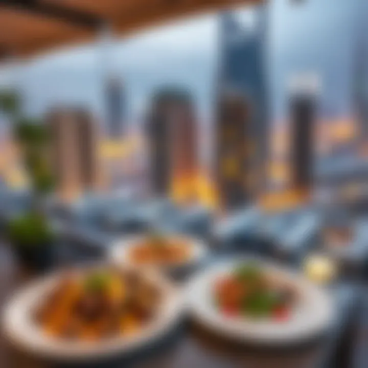 Gourmet Dining Above the City Gourmet dishes served with a backdrop of Dubai's architecture