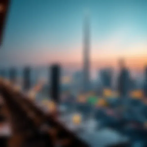 Panoramic view of Dubai skyline from a rooftop restaurant