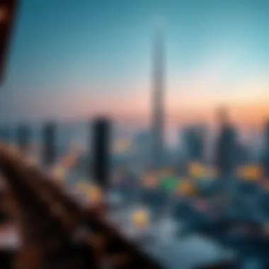 Panoramic Dubai Skyline Panoramic view of Dubai skyline from a rooftop restaurant