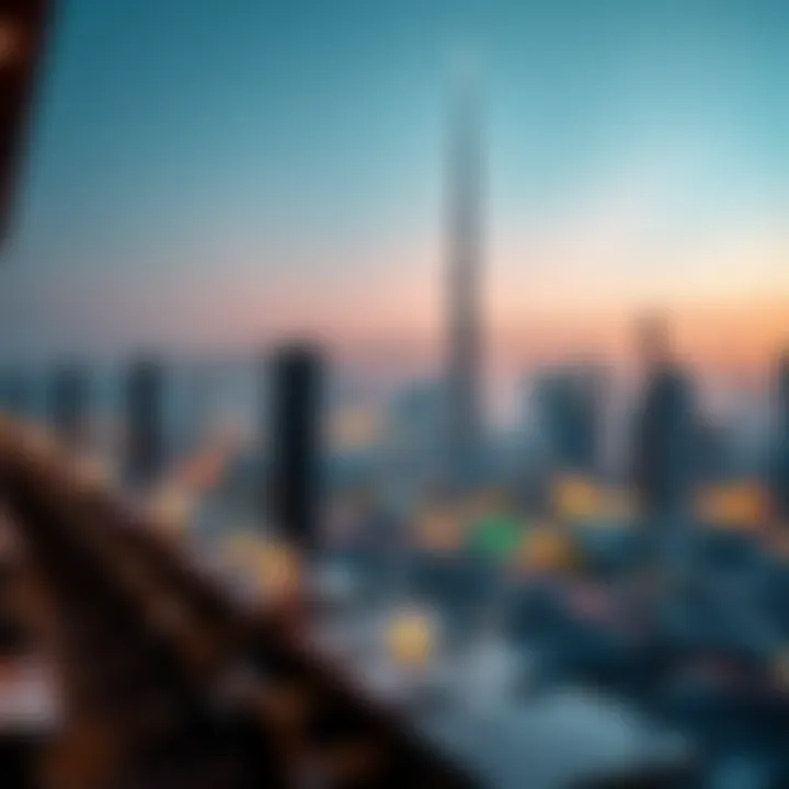 Panoramic Dubai Skyline Panoramic view of Dubai skyline from a rooftop restaurant