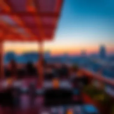 Vibrant Rooftop Lounge at Sunset Vibrant atmosphere of a rooftop lounge at sunset
