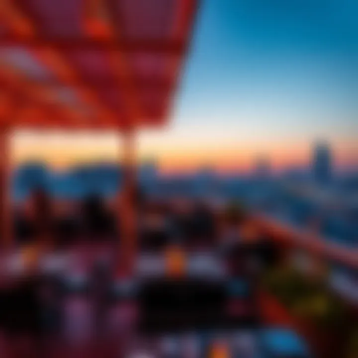 Vibrant Rooftop Lounge at Sunset Vibrant atmosphere of a rooftop lounge at sunset
