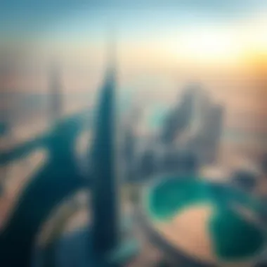 Aerial view of Blue Bay Tower and surrounding Dubai skyline