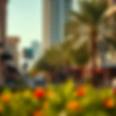 Vibrant neighborhood surrounding Blue Bay Tower with shops and parks