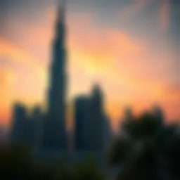 Stunning view of Burj Daman Tower against a sunset backdrop