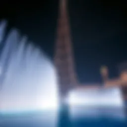 The Burj Khalifa Fountain Show illuminated at night