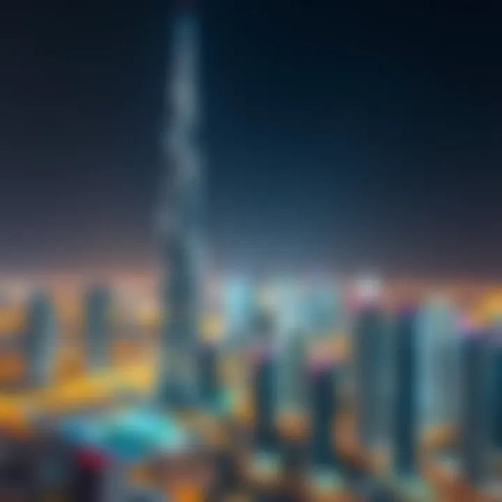 Night view of Burj Khalifa illuminating the Dubai skyline