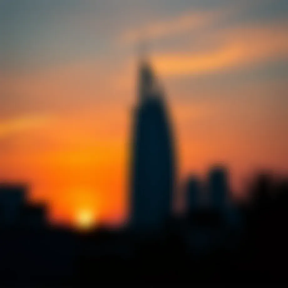 The striking silhouette of Burj Me against a vibrant sunset