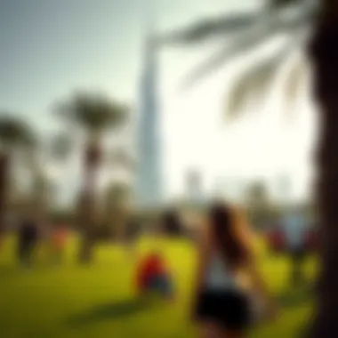 Visitors enjoying recreational activities in Burj Park with the Burj Khalifa in the background