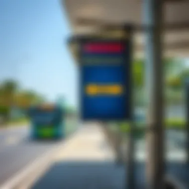 Bus stop sign indicating service to Dubai from Abu Dhabi Airport