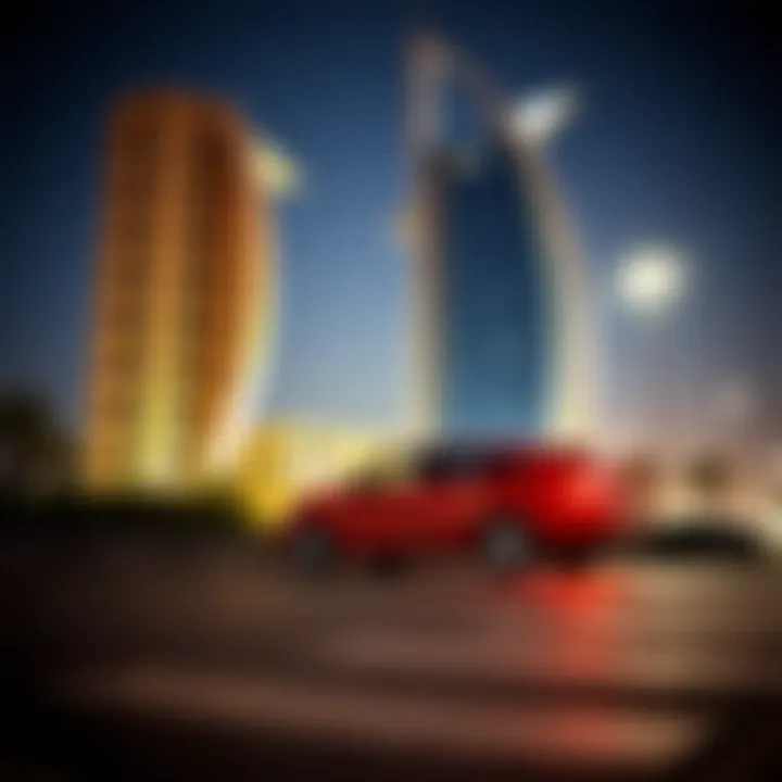 Car parked in front of a Dubai landmark
