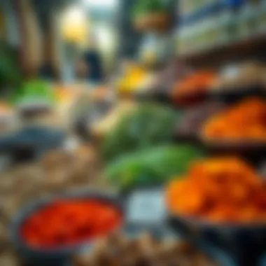 Colorful spices and herbs arranged beautifully, highlighting the diverse culinary offerings of the souk.