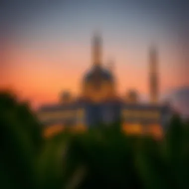 A beautiful mosque illuminated at sunset during Ramadan