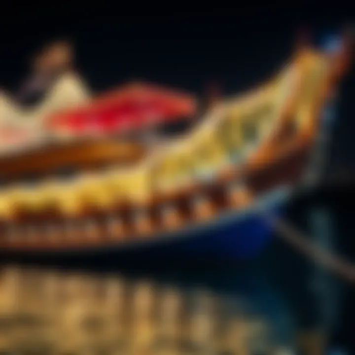 Traditional dhow adorned with fairy lights at night