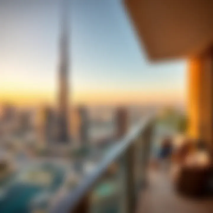 Panoramic Skyline View from Burj Khalifa Panoramic skyline view from a Burj Khalifa apartment balcony