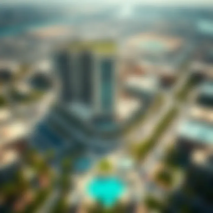 Aerial shot of Al Nasr Square Block B highlighting its strategic location in Dubai