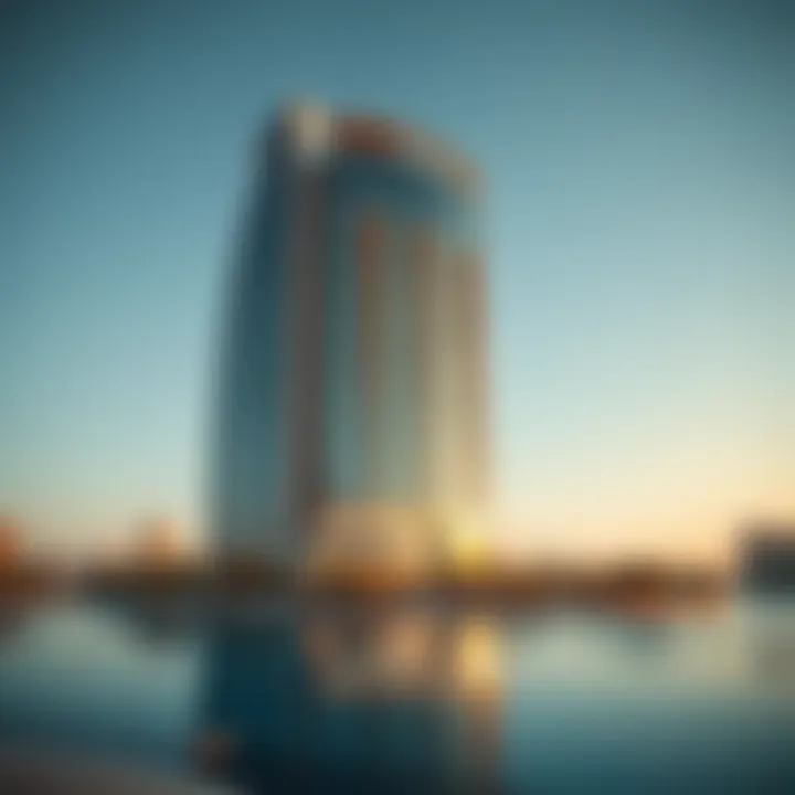 Stunning view of the Al Sarraf Building showcasing its unique architectural design against the backdrop of Dubai's skyline.
