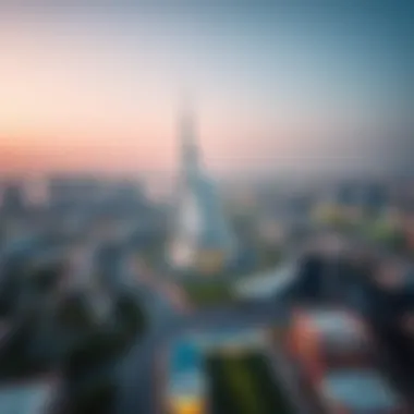 Aerial view of Dubai Sports City featuring Cricket Tower