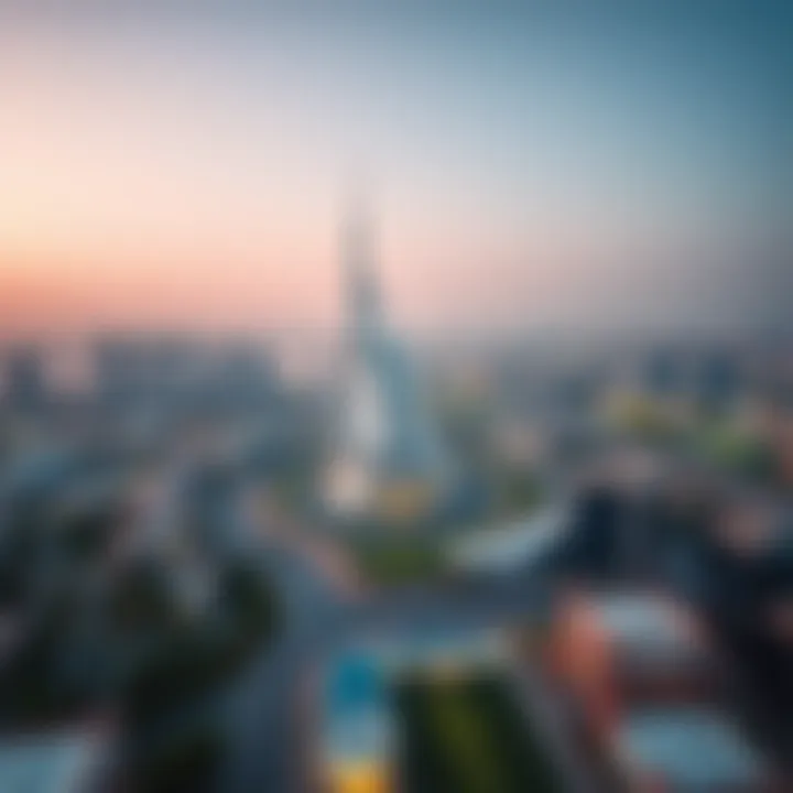 Aerial view of Dubai Sports City featuring Cricket Tower