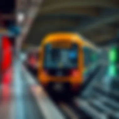 A metro train arriving at a station, symbolizing urban mobility in Dubai