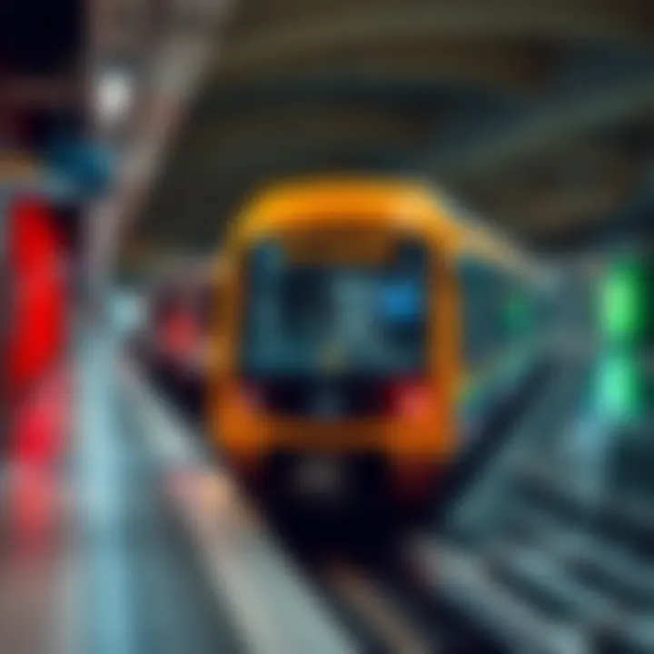 A metro train arriving at a station, symbolizing urban mobility in Dubai