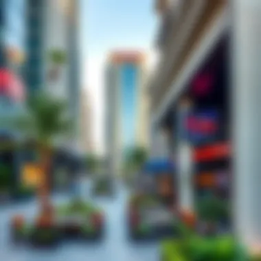 A bustling commercial area in Business Bay with vibrant outdoor spaces and cafes