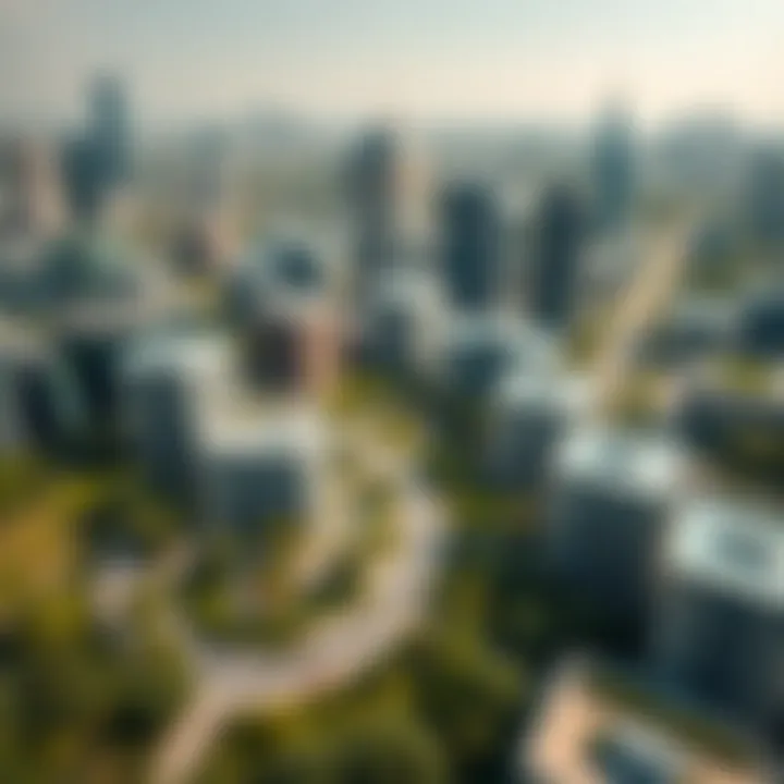 Aerial view of a sustainable urban landscape featuring green spaces and modern architecture