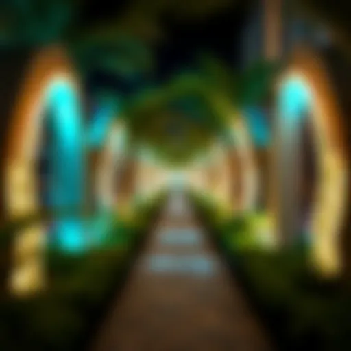 Illuminated pathways within Hadiqat Al-Addaa showcasing artistic flair