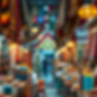 A vibrant souk filled with colorful textiles and spices