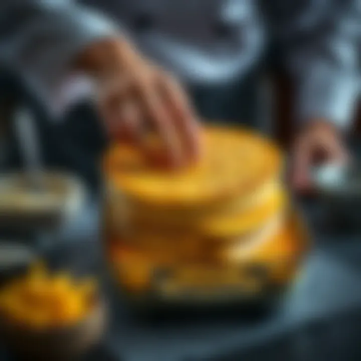 Expertly Layered Knafeh A chef's hands expertly layering Knafeh in a baking dish