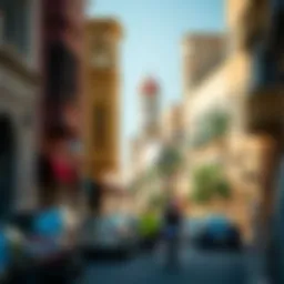 A vibrant street scene showcasing Oud Metha's unique architecture