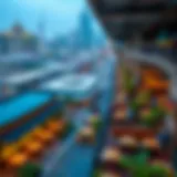 Aerial view of Dubai's vibrant restaurant district showcasing diverse culinary options.