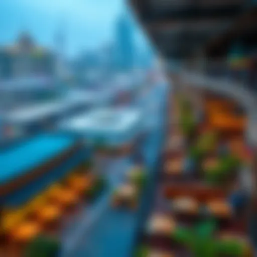 Aerial view of Dubai's vibrant restaurant district showcasing diverse culinary options.