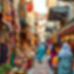 A panoramic view of Dubai's bustling traditional souk, showcasing vibrant textiles and spices