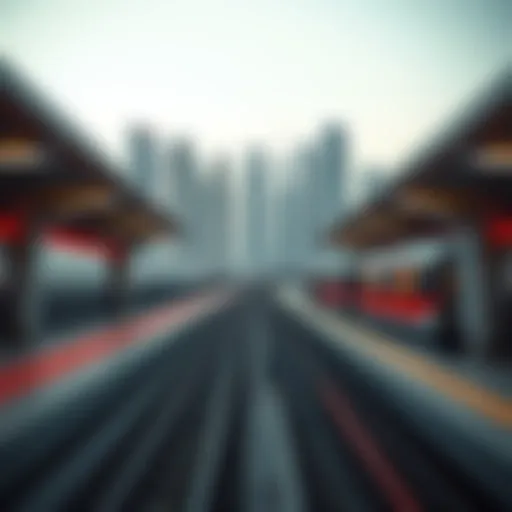 View of Red Line Metro Station Against Dubai Skyline A stunning view of the Red Line Metro Station with the Dubai skyline in the background