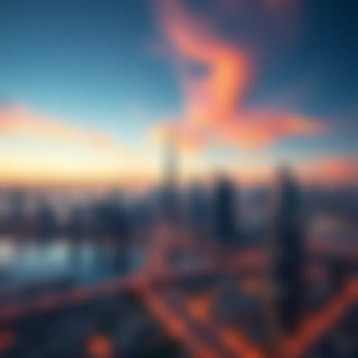 A panoramic view of Dubai's skyline at sunset