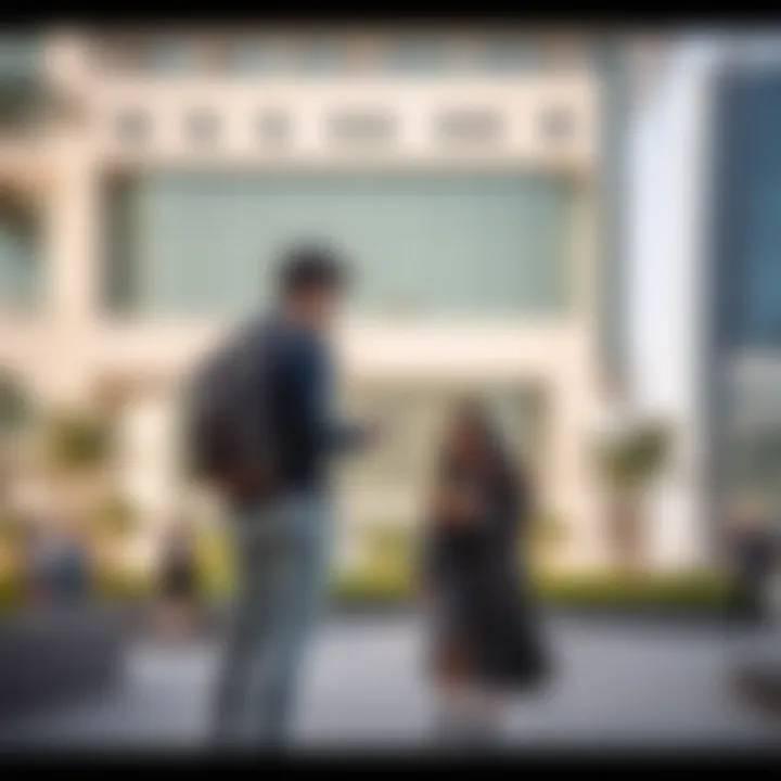 Students engaging in an outdoor space near Waqf Al Qasimia University Tower