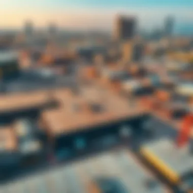 Aerial view of warehouses amidst Dubai's skyline highlighting urban development