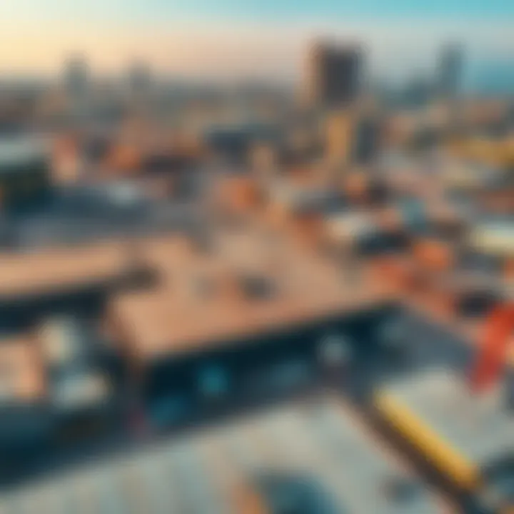 Aerial view of warehouses amidst Dubai's skyline highlighting urban development