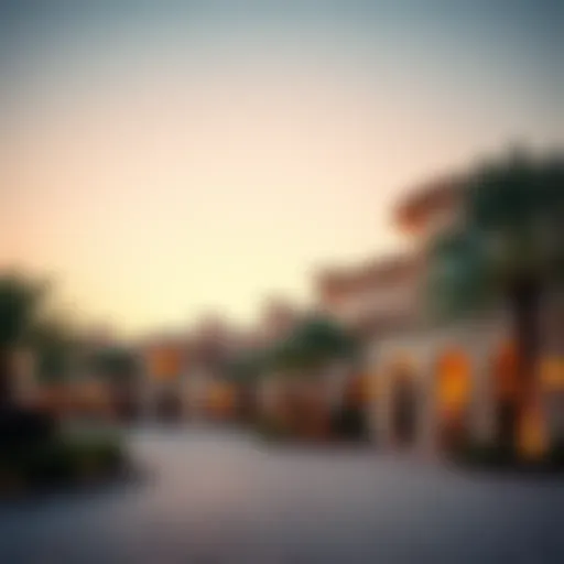 Luxurious resort exterior view at sunset
