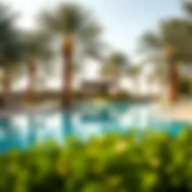 Tranquil Oasis: Poolside Serenity Relaxing poolside area surrounded by palm trees