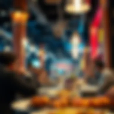 Lively Dining Experience in a Barbecue Restaurant A vibrant restaurant interior filled with diners enjoying barbecue specialties.