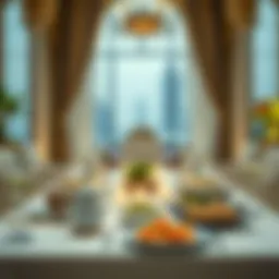 An elegant table set for Iftari in Dubai, featuring traditional dishes and drinks