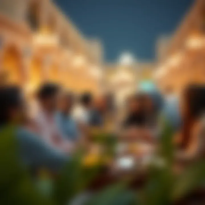 A group of friends enjoying the Iftari meal together in a vibrant atmosphere