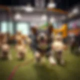 A lively indoor dog park filled with playful dogs