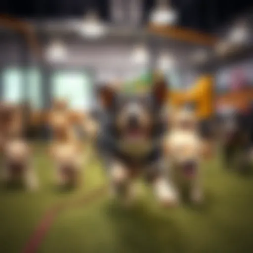 A lively indoor dog park filled with playful dogs